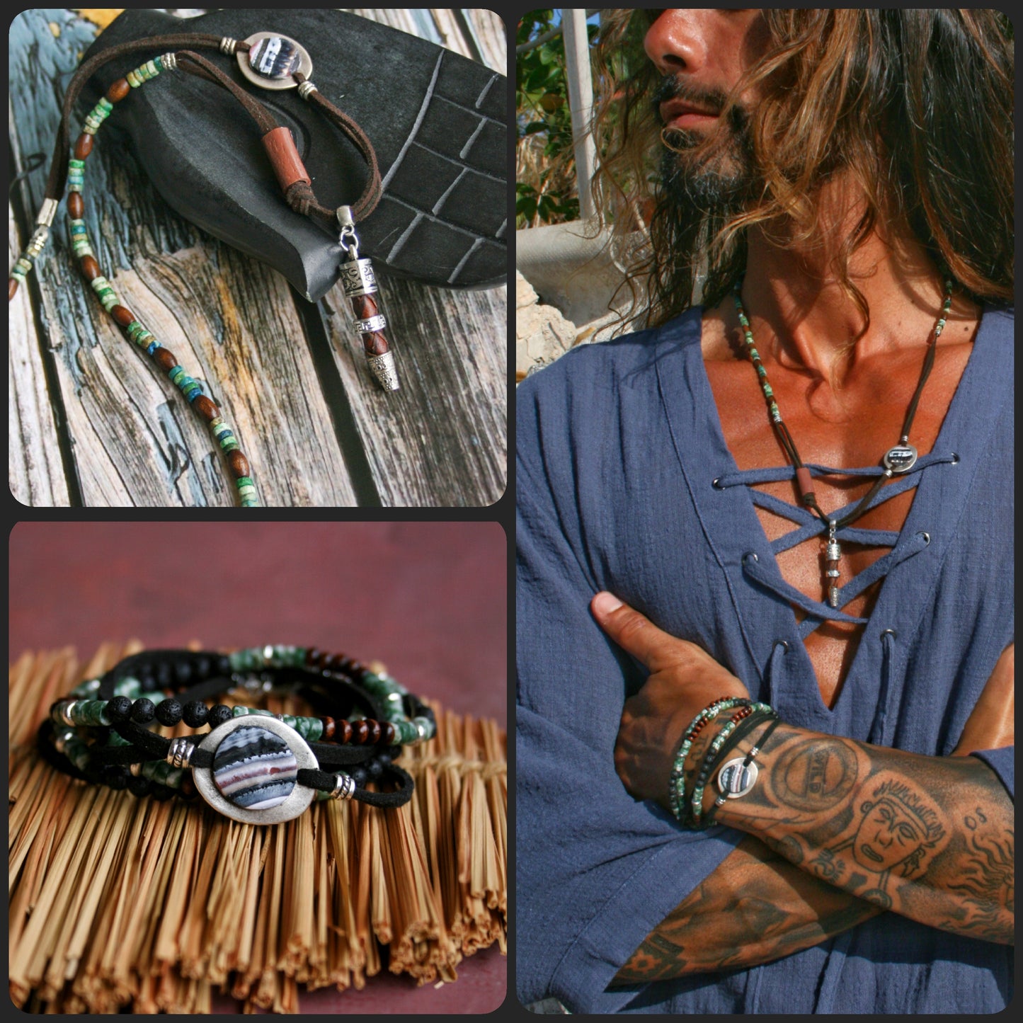 Mens Viking Arrow Necklace: Asymmetric Leather, Gemstone & Beaded Pendant with Matching Bracelet