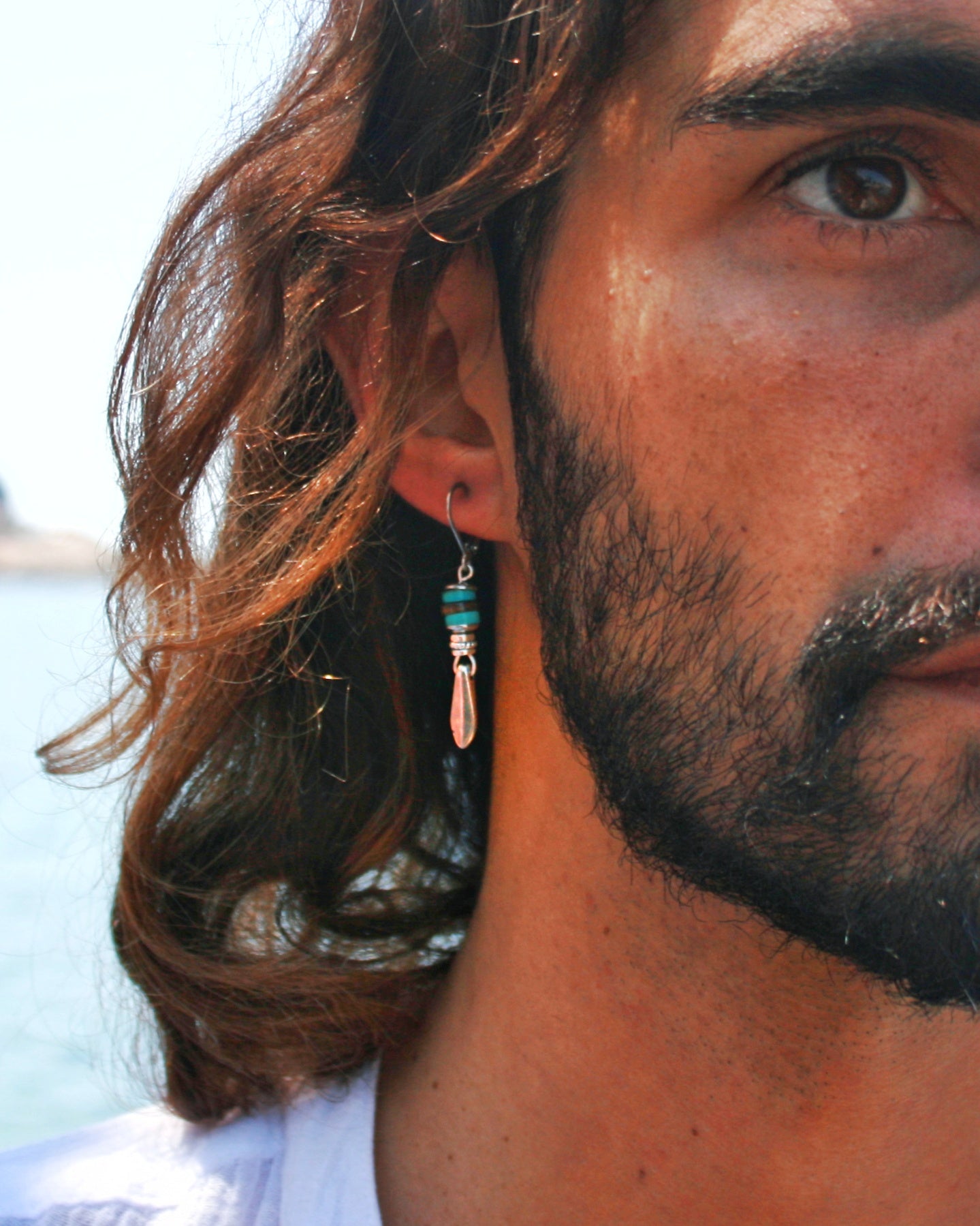 Spike Turquoise Heishi Men's Earring: Tribal Shell Beads with Sterling Silver Option