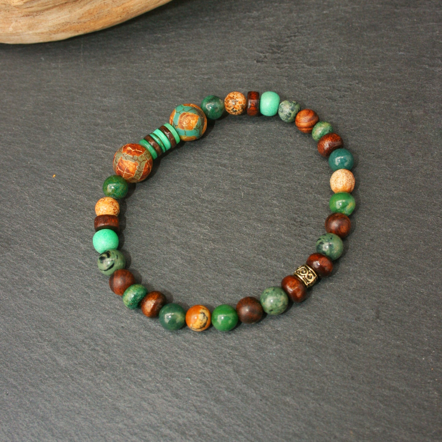 Green Tibetan Agate Men's Bracelet – Unisex Gemstone Bracelet with Wooden Beads, Stretch Boho Jewelry