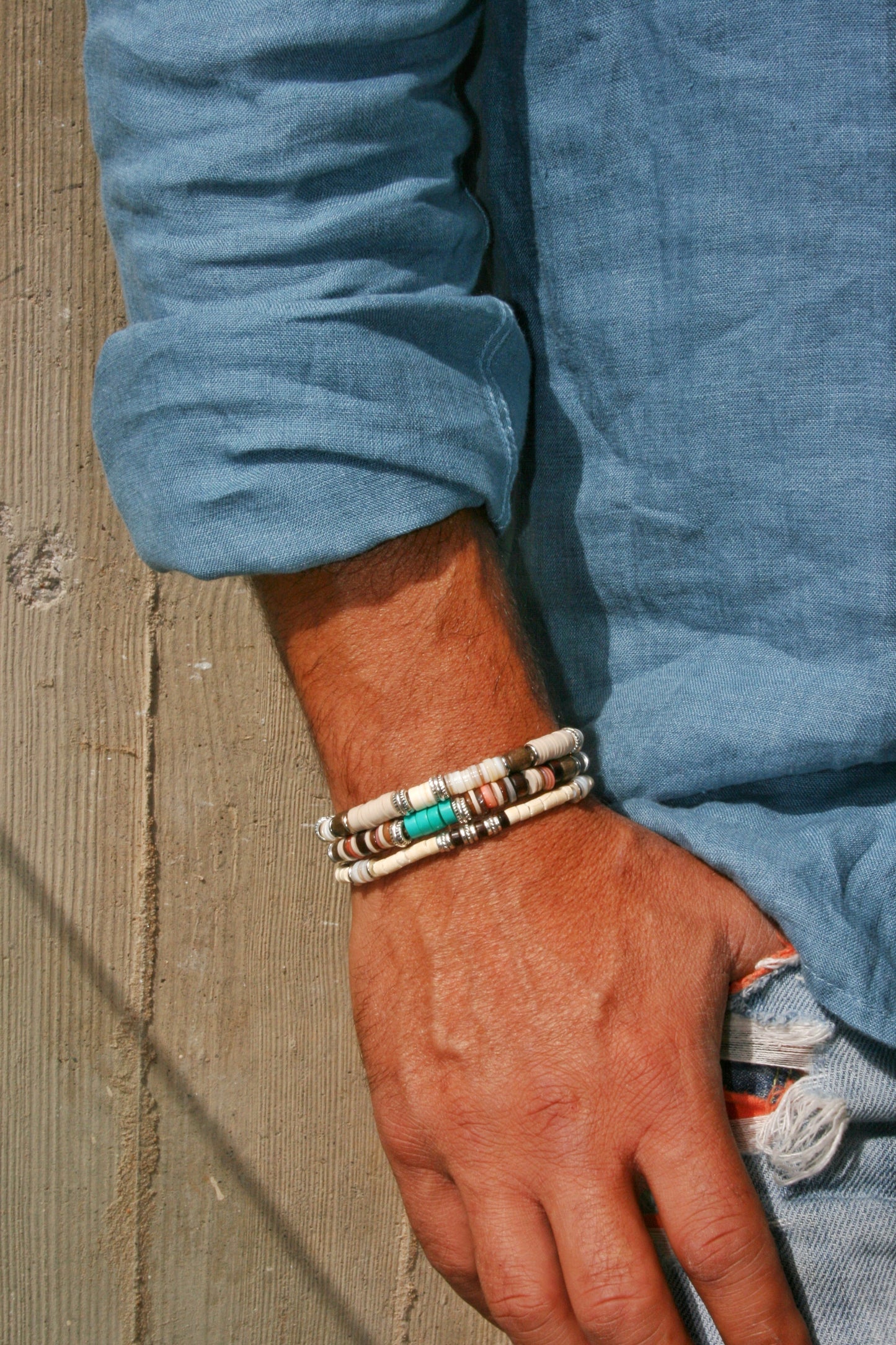 Men's Turquoise Bracelet Set, Greywood Wood & Shell Stretch Bracelets, Boho Layered Bracelet Stack, Natural Beaded Jewelry Gift for Him