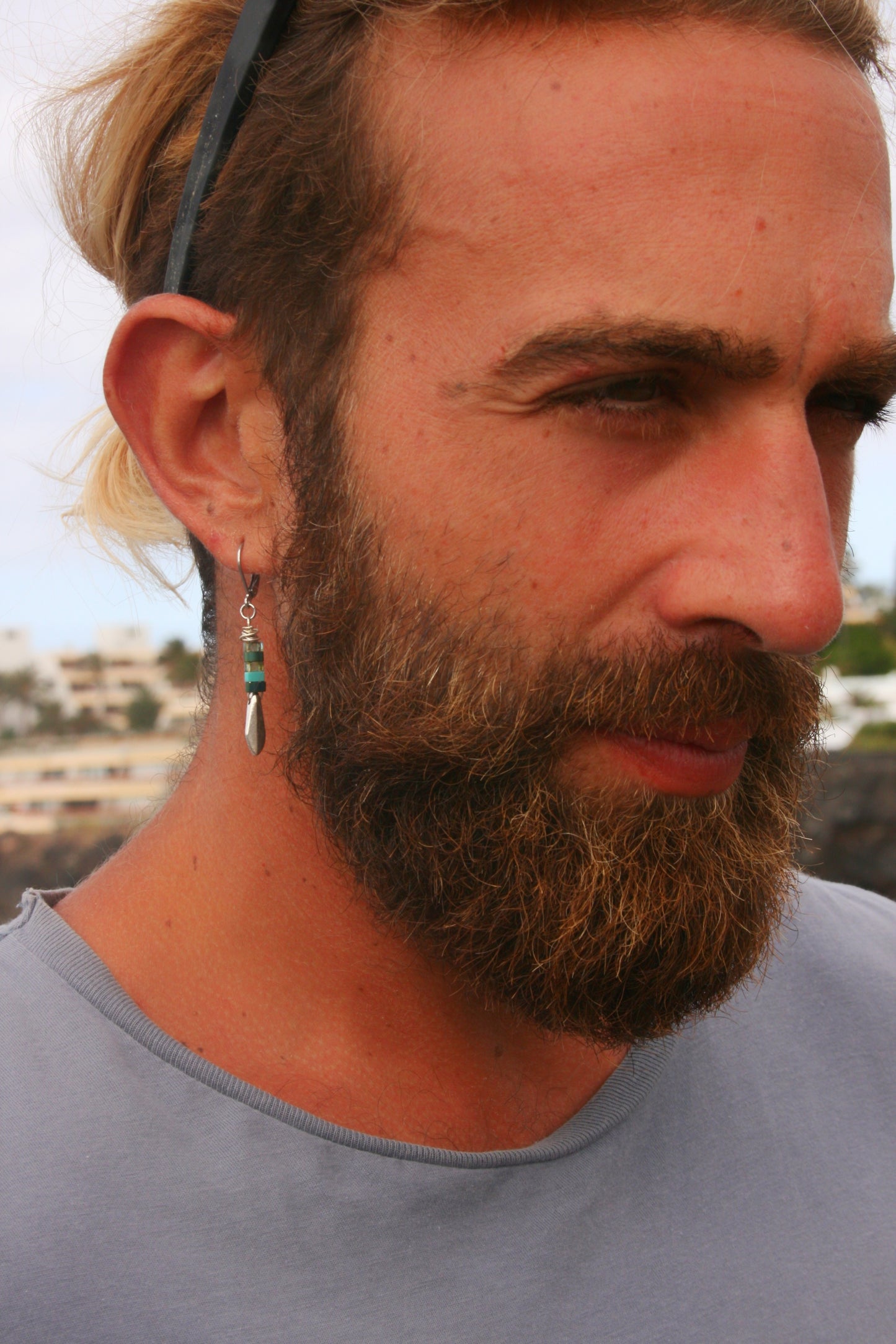 Feather Miyuki Bead Earring for Men – Handmade Unisex Dangle Earring with Silver Tip