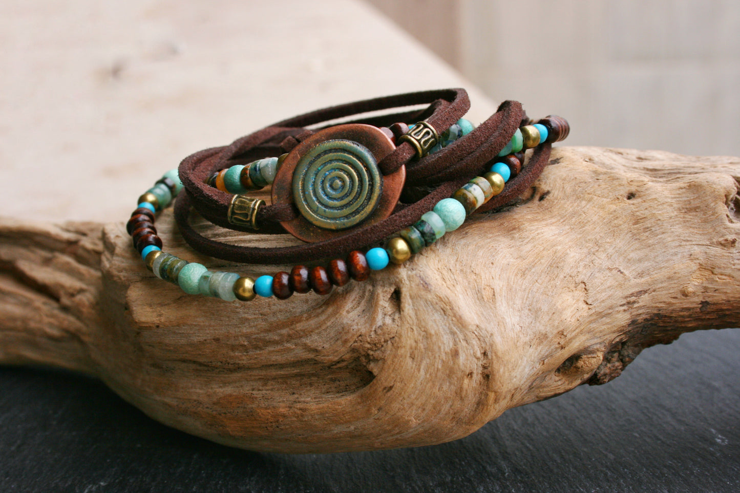 Chrysocolla & Lapis Lazuli Leather Wrap Bracelet for Men, Boho Layered Beaded Bracelet Necklace, Handmade Gemstone Jewelry