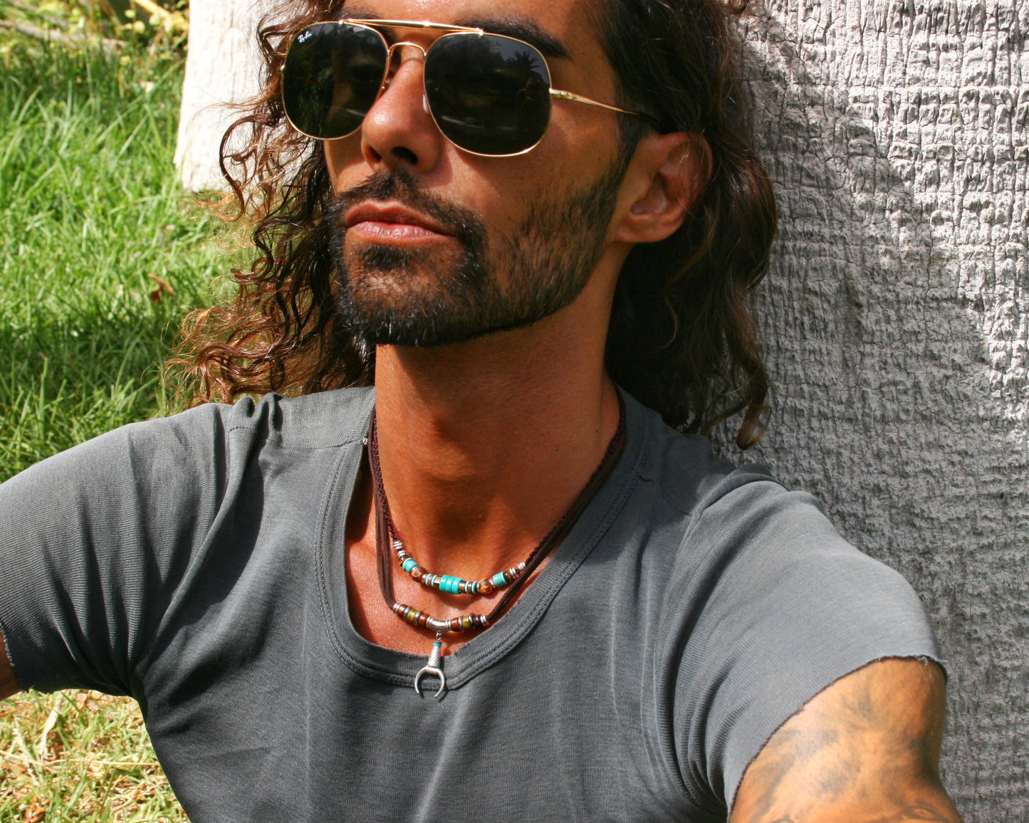 Mens Turquoise Layered Necklace Set, Macrame Choker, Beaded Gemstone Necklace, Moon Pendant, Handmade Boho Jewelry