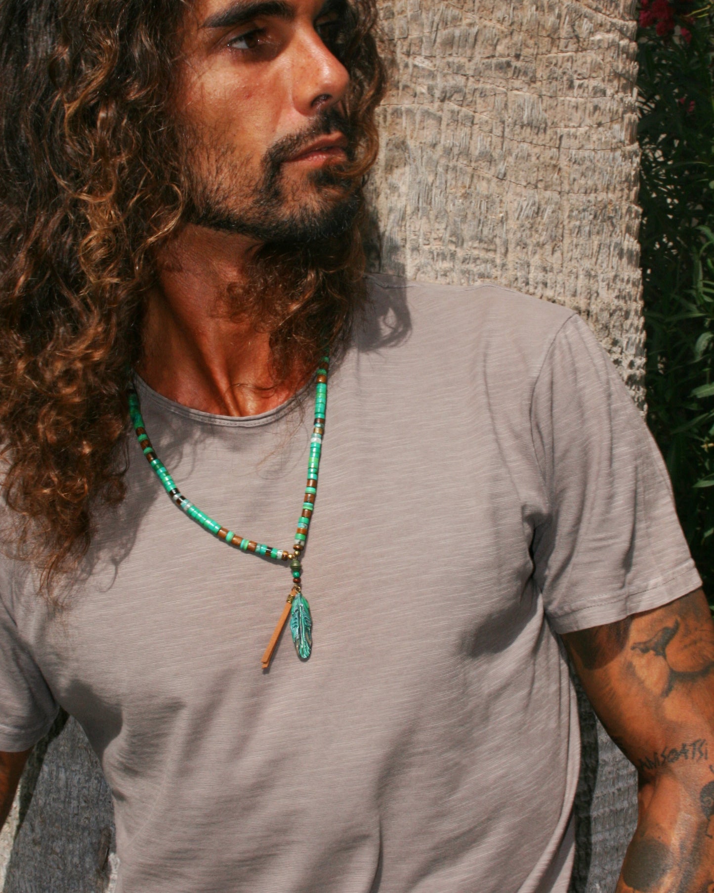 Men's Feather & Green Turquoise Necklace – Tribal Boho Pendant Jewelry