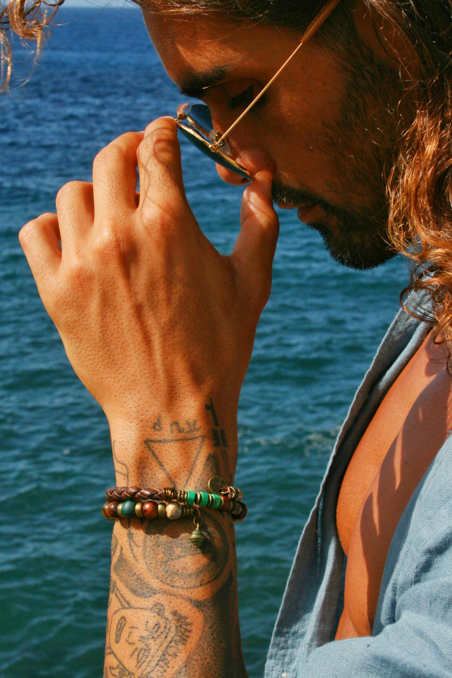 Mens Memory Wire Bracelet: Leather, Turquoise, Agate & Wood Beads Double Wrap Cuff Bracelet