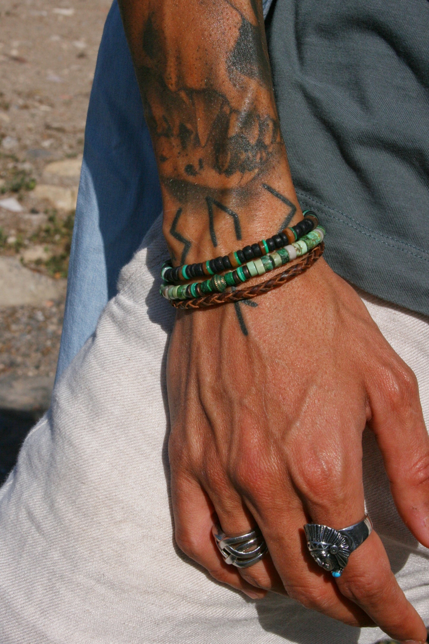 Men's Gemstone Leather Bracelet Set, Boho Coconut & Shell Stackable Bracelets, Handmade Layered Jewelry Gift