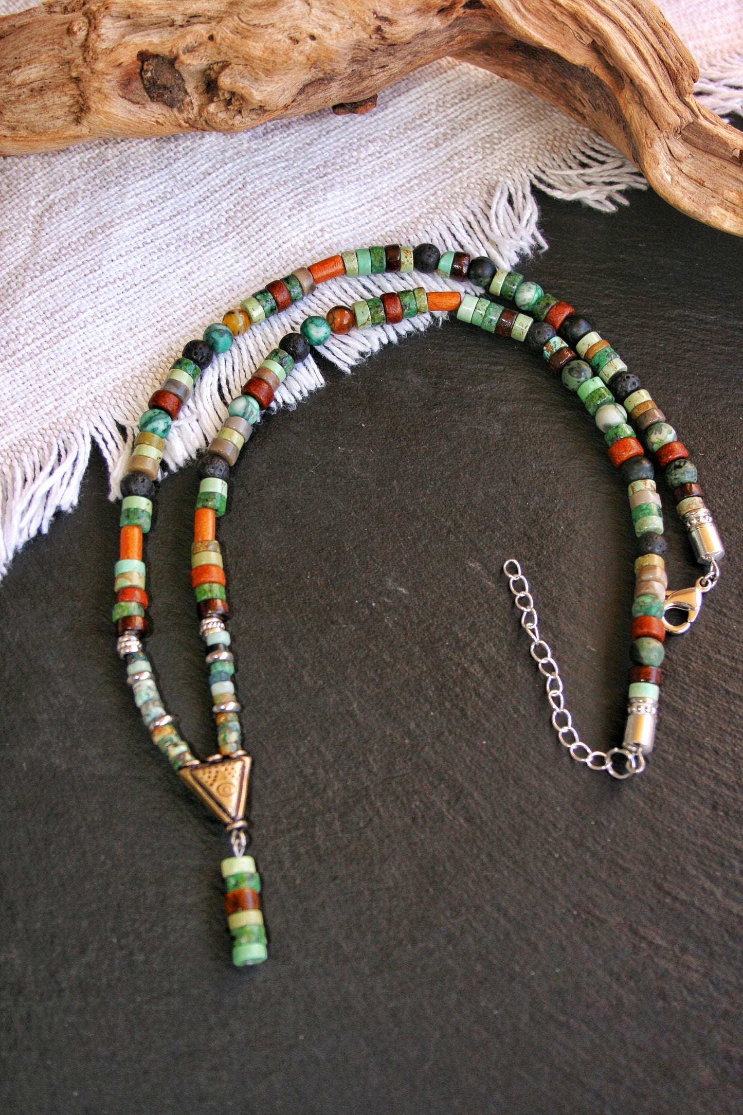 Men's Gemstone Triangle Pendant Necklace – Tribal Beaded Choker with African Turquoise, Jasper & Tiger Eye