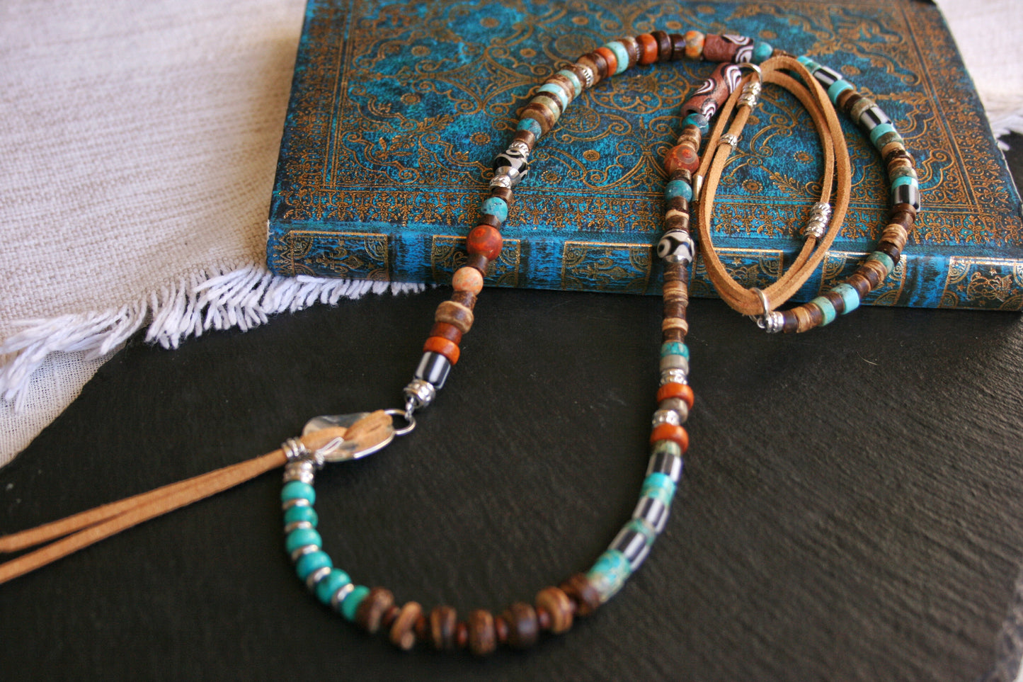 Mens Tribal Necklace – Asymmetrical Gemstone & Leather Boho Necklace