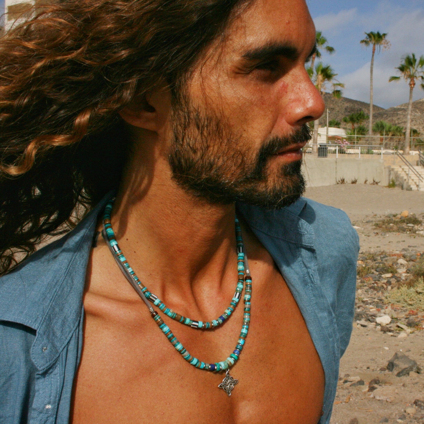 Mens Gemstone Necklace Set, Lapis Lazuli Turquoise Choker & Pendant Necklace