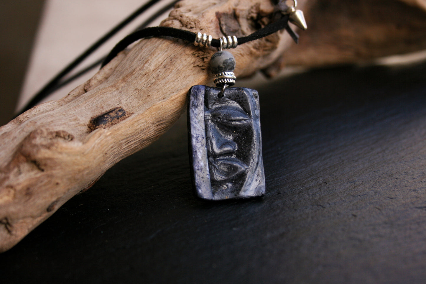 Handmade Polymer Clay Face Pendant Necklace – Boho Men's Faux Leather Choker