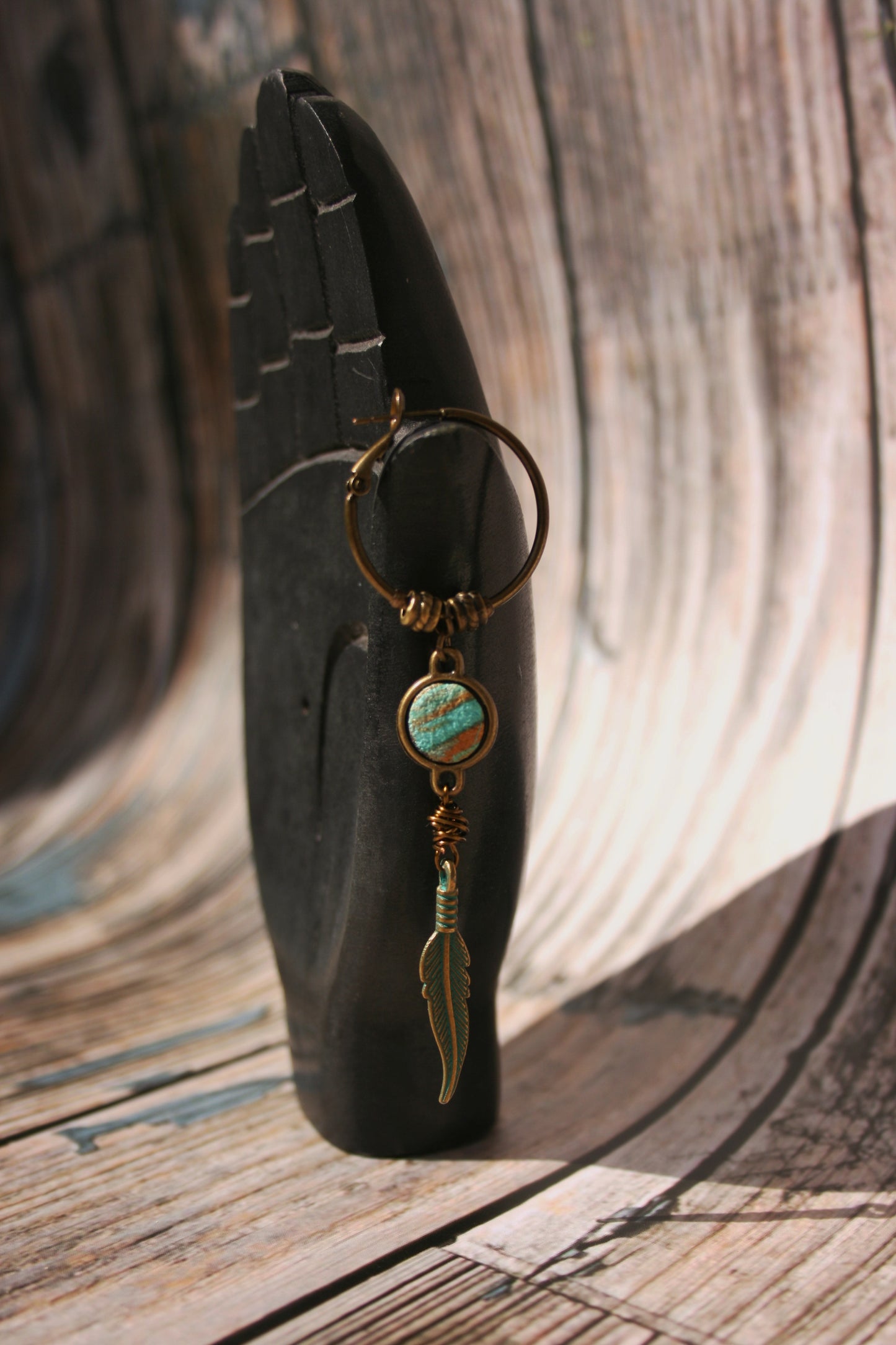 Handmade Bronze Hoop Feather Earring – Polymer Clay Dangle Boho Single Earring
