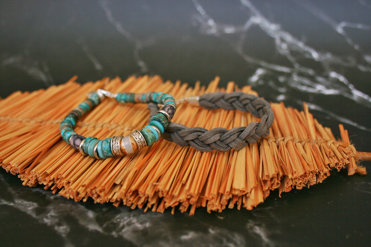 Men's Turquoise Gemstone & Braided Leather Bracelet Set – Boho Duo Bracelets
