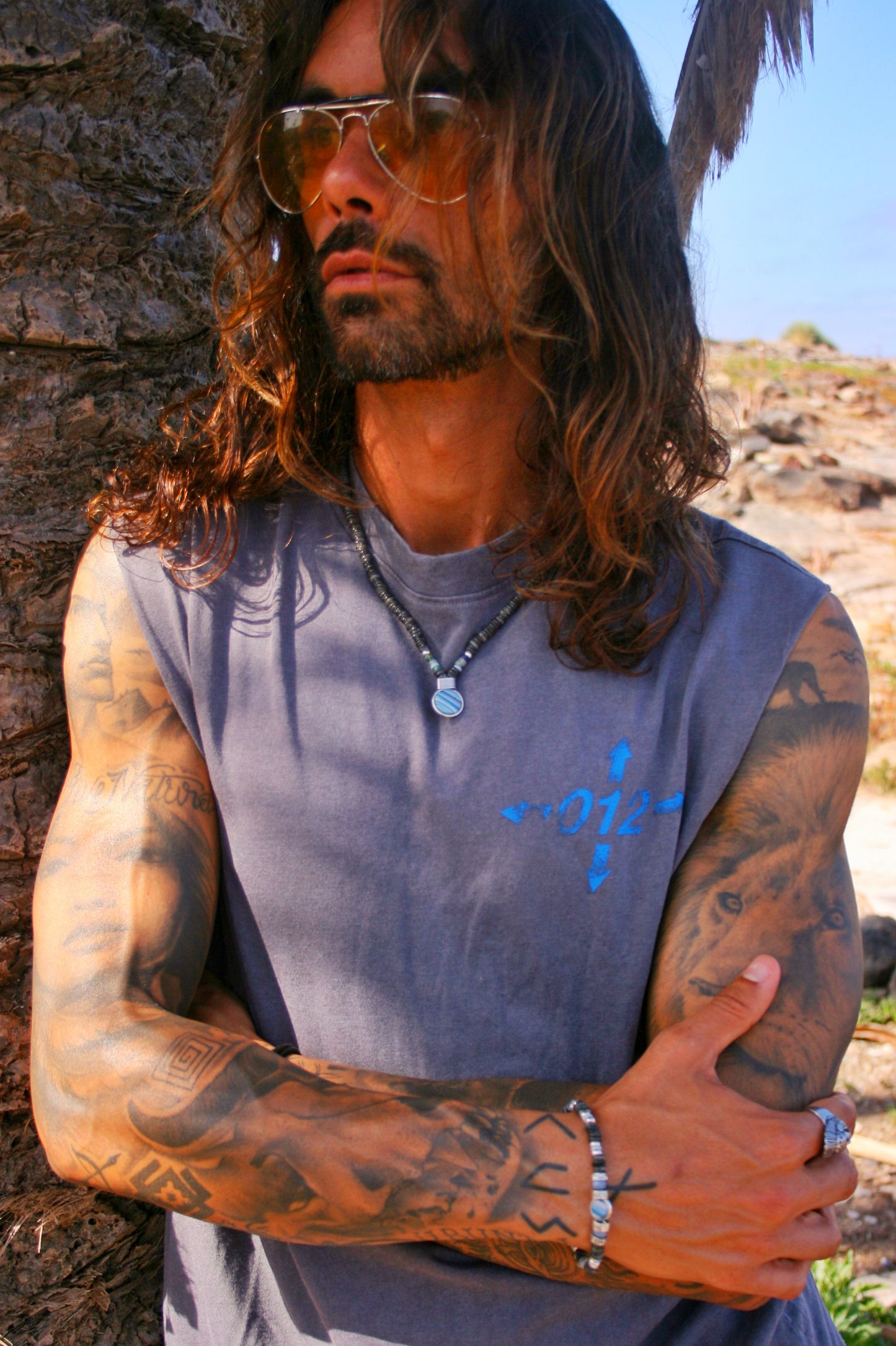 Men's Shell Choker Bracelet Set – Handmade Boho Tribal Surfer Necklace with Blue Pendant