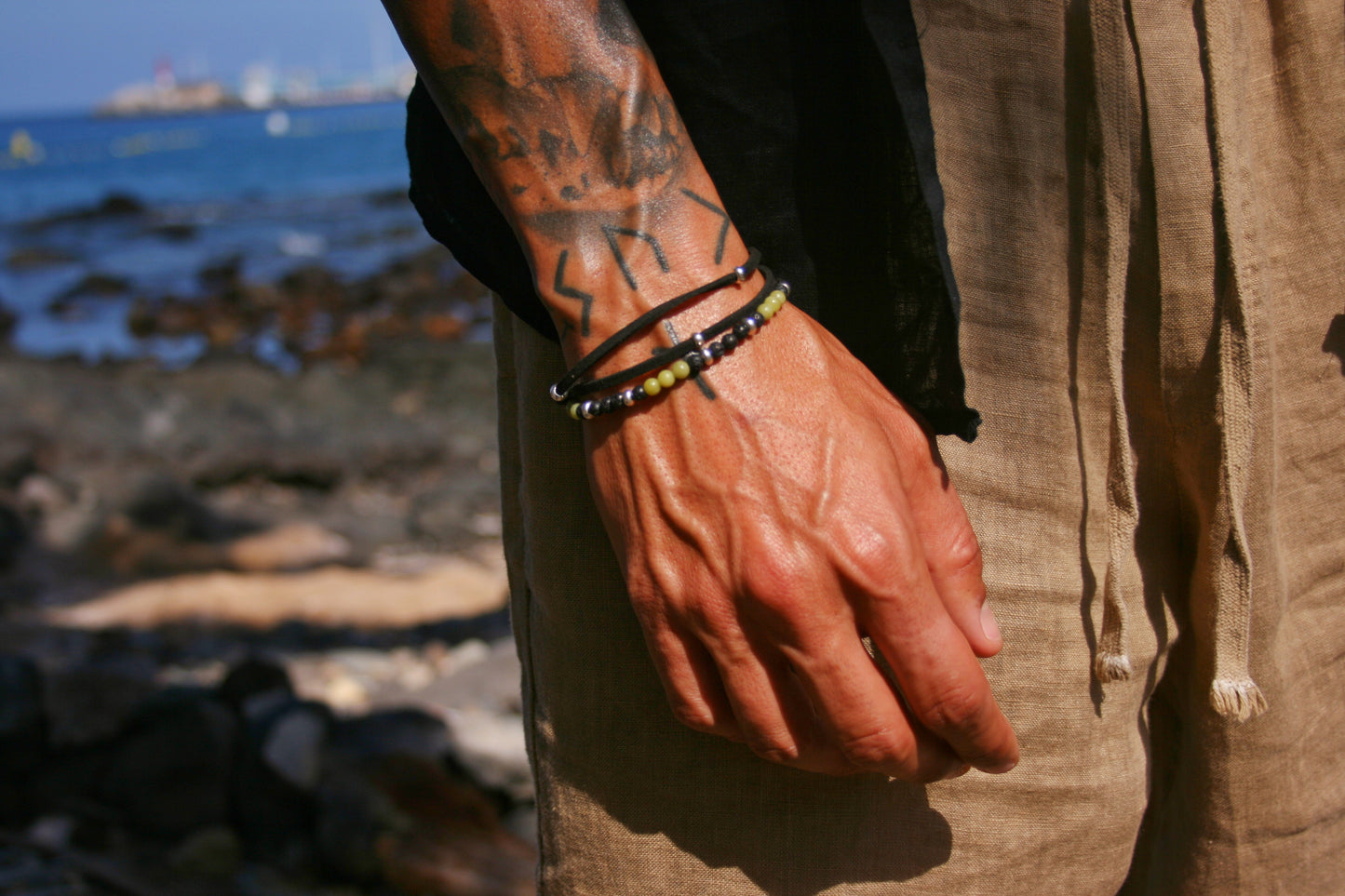 Mens Serpentine Stone Bracelet Set, Lava Bead Bracelet, Tibetan Agate Jewelry, Faux Leather Bracelet, Handmade Mens Gift