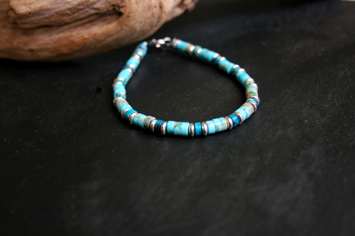 Men’s Turquoise & Lapis Lazuli Bracelet – Thin 4mm Gemstone Beaded Bracelet