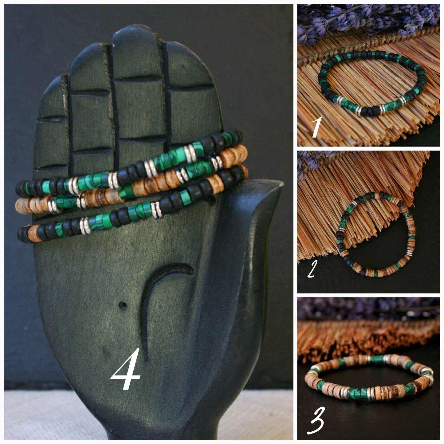 Malachite Coconut Bead Bracelet Set for Men | Boho Stackable Bracelets | Handmade Gemstone Jewelry