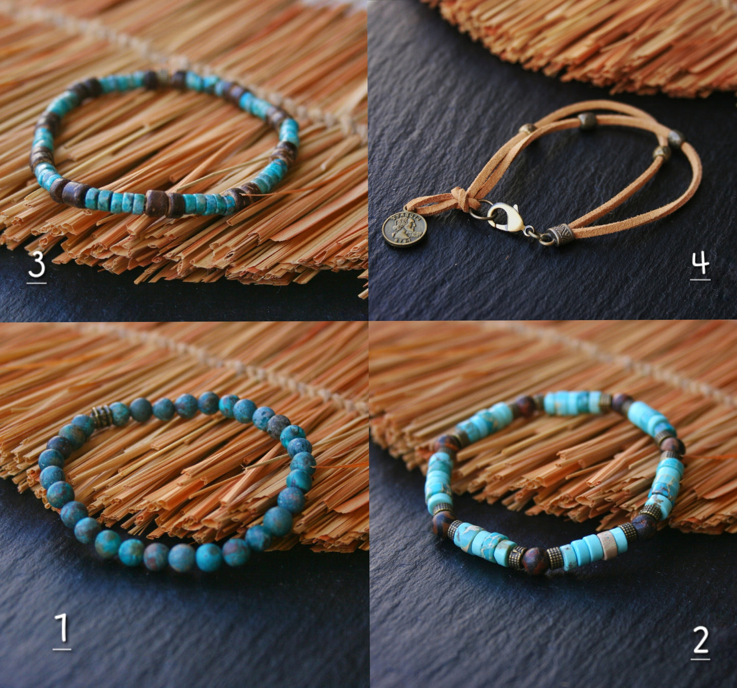 Mens Beaded Bracelet Set – Tibetan Agate, Turquoise & Leather Bracelets