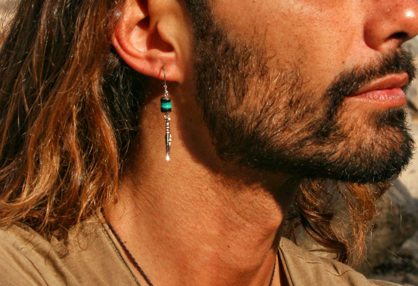 Feather Dangle Earring for Men – Turquoise & Black Shell