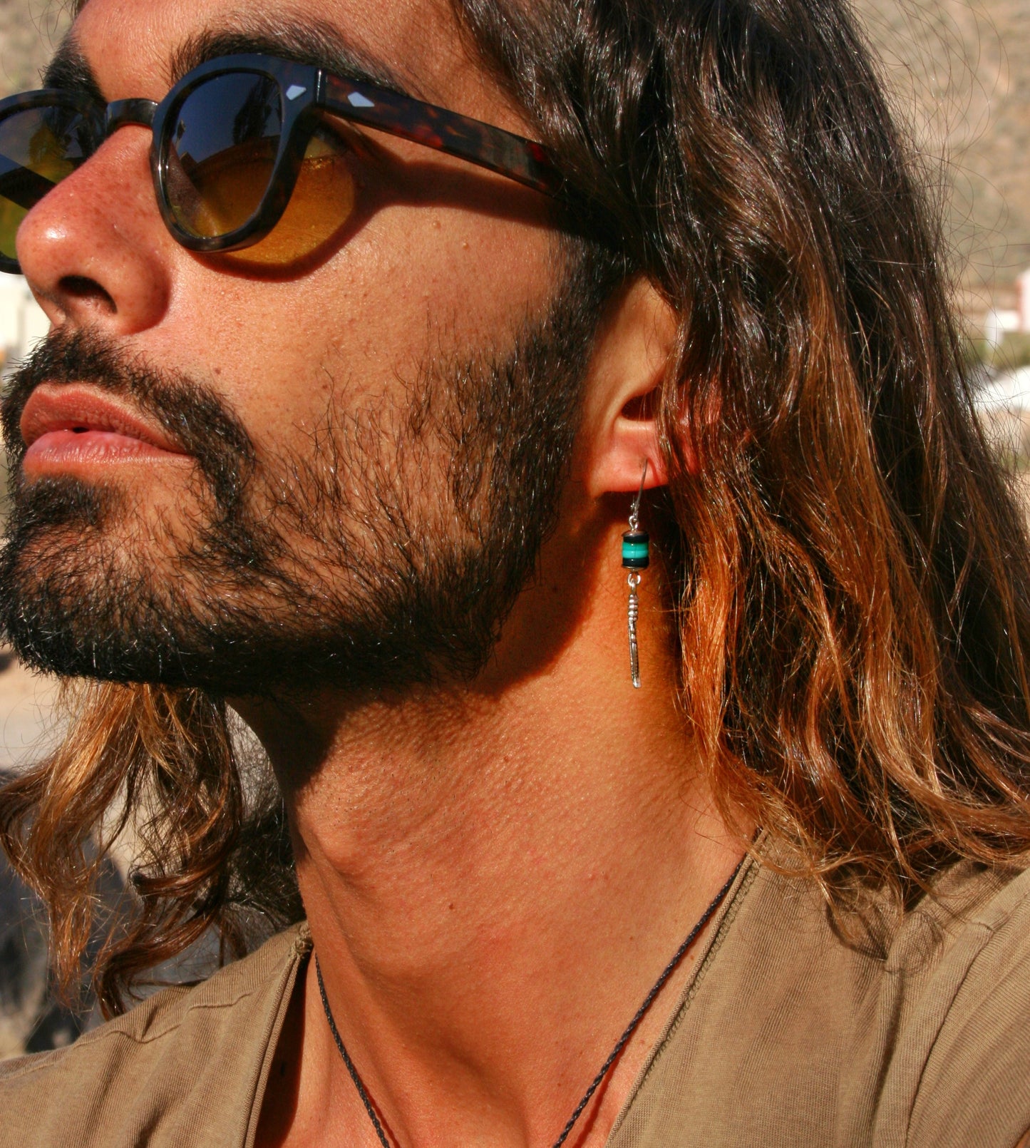Feather Dangle Earring for Men – Turquoise & Black Shell