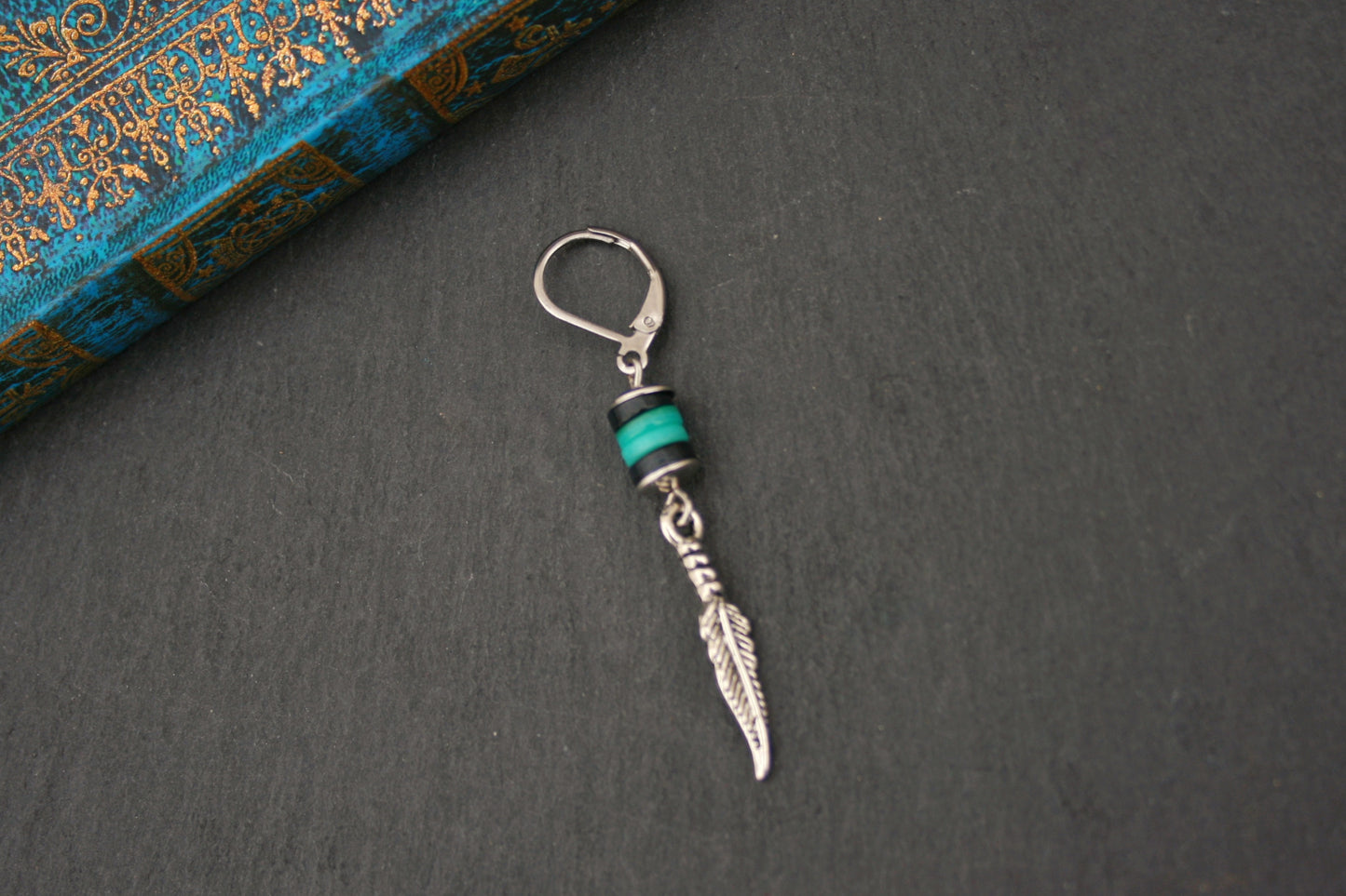 Feather Dangle Earring for Men – Turquoise & Black Shell