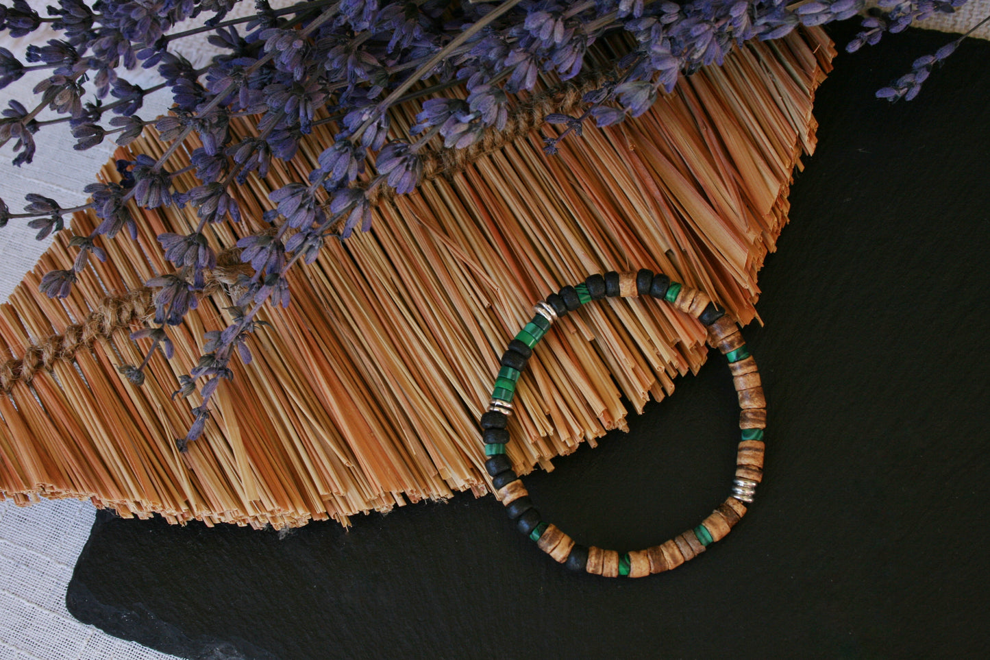 Malachite Coconut Bead Bracelet Set for Men | Boho Stackable Bracelets | Handmade Gemstone Jewelry