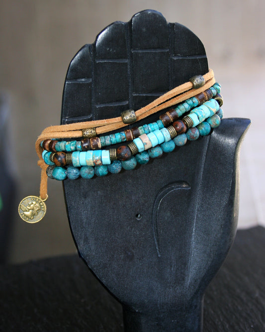 Mens Beaded Bracelet Set – Tibetan Agate, Turquoise & Leather Bracelets
