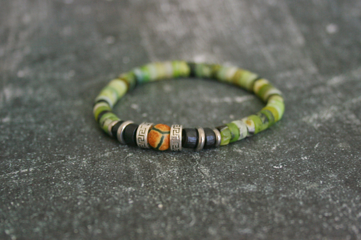 Mens Serpentine Stone Bracelet Set, Lava Bead Bracelet, Tibetan Agate Jewelry, Faux Leather Bracelet, Handmade Mens Gift