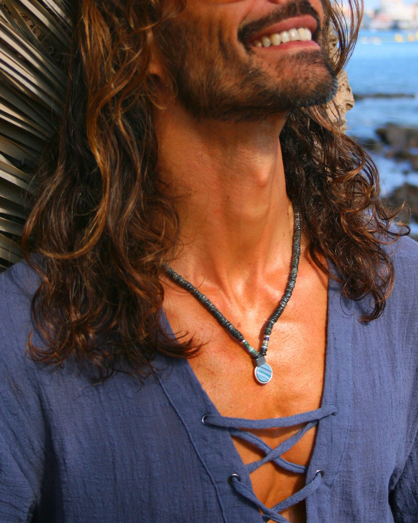 Men's Shell Choker Bracelet Set – Handmade Boho Tribal Surfer Necklace with Blue Pendant