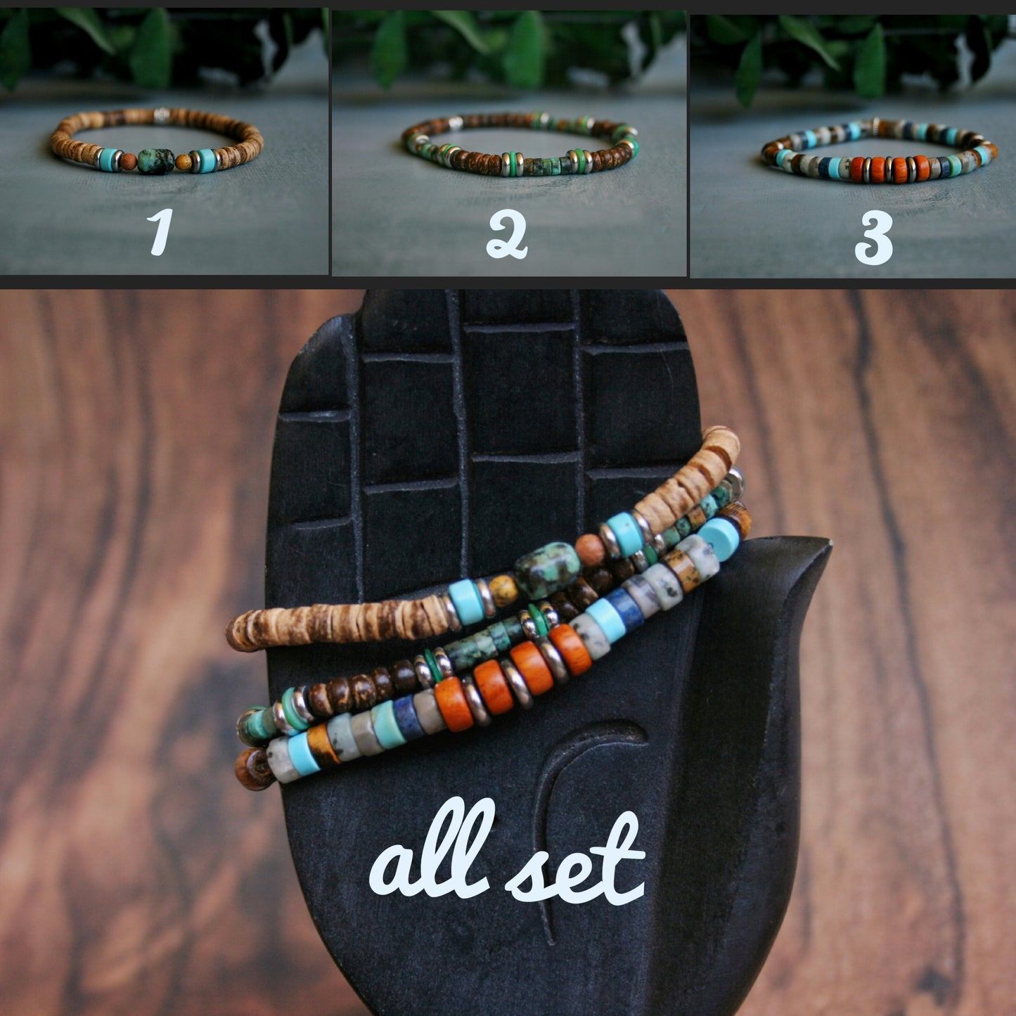 Boho Gemstone & Coconut Bracelet Set – Lapis Lazuli, Chrysocolla & Turquoise Bracelet Stack
