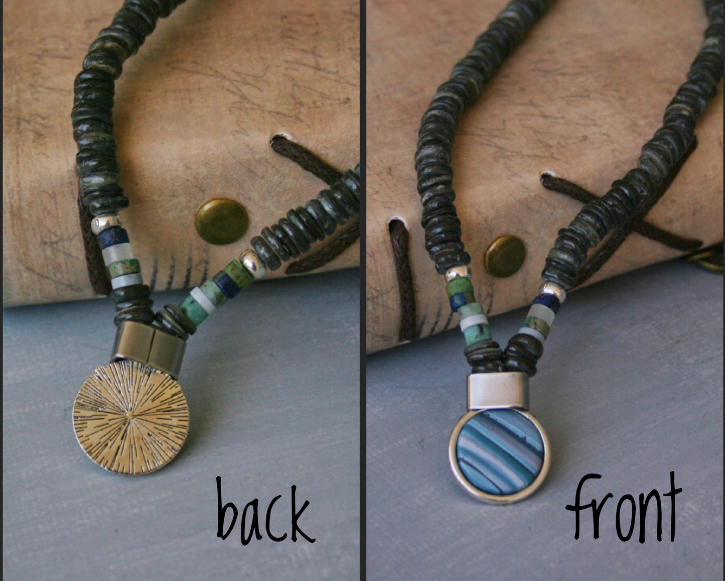 Men's Shell Choker Bracelet Set – Handmade Boho Tribal Surfer Necklace with Blue Pendant