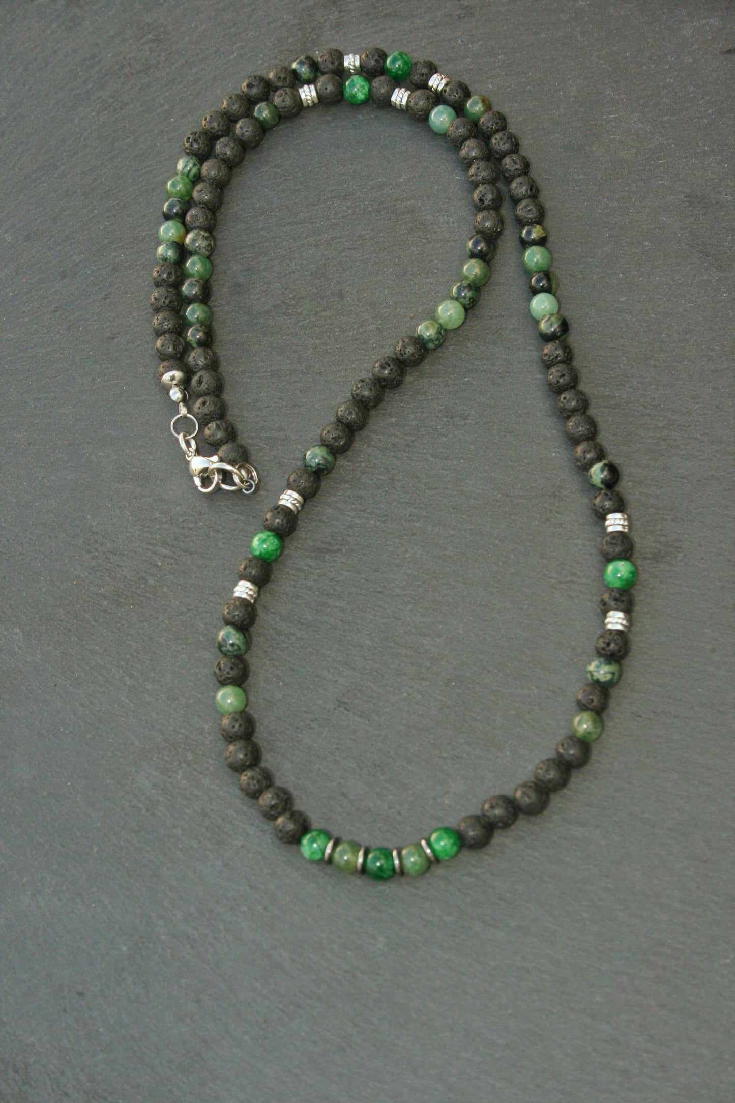 Green Jasper & Lava Stone Necklace for Men – Long Gemstone Beaded Necklace with Stainless Steel Clasp