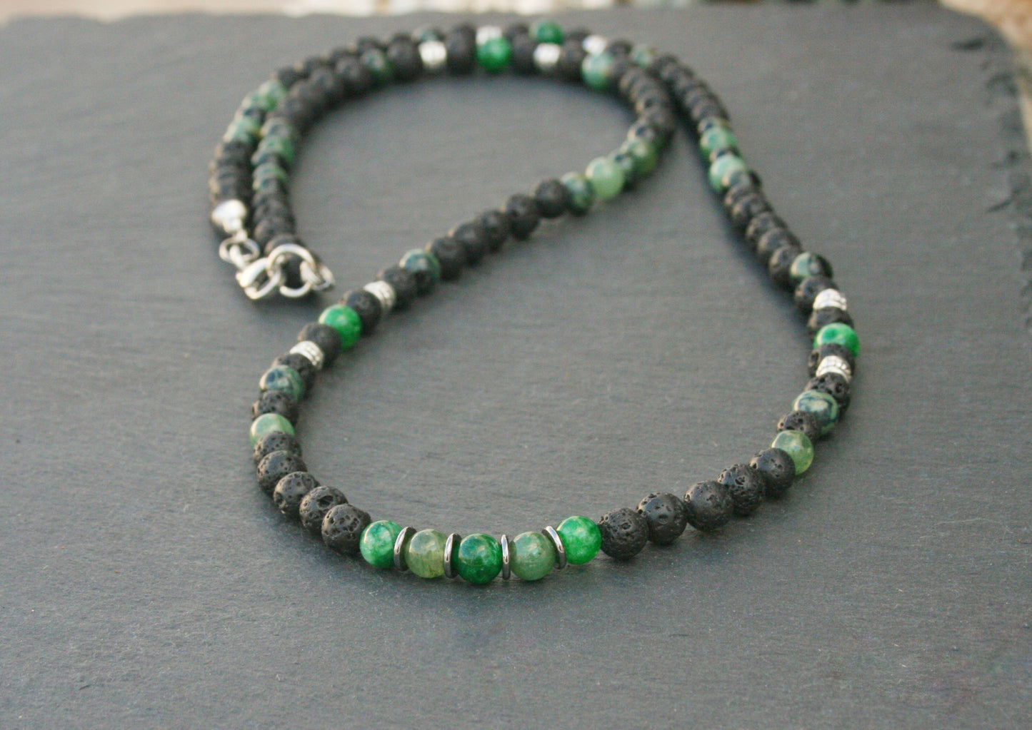 Green Jasper & Lava Stone Necklace for Men – Long Gemstone Beaded Necklace with Stainless Steel Clasp