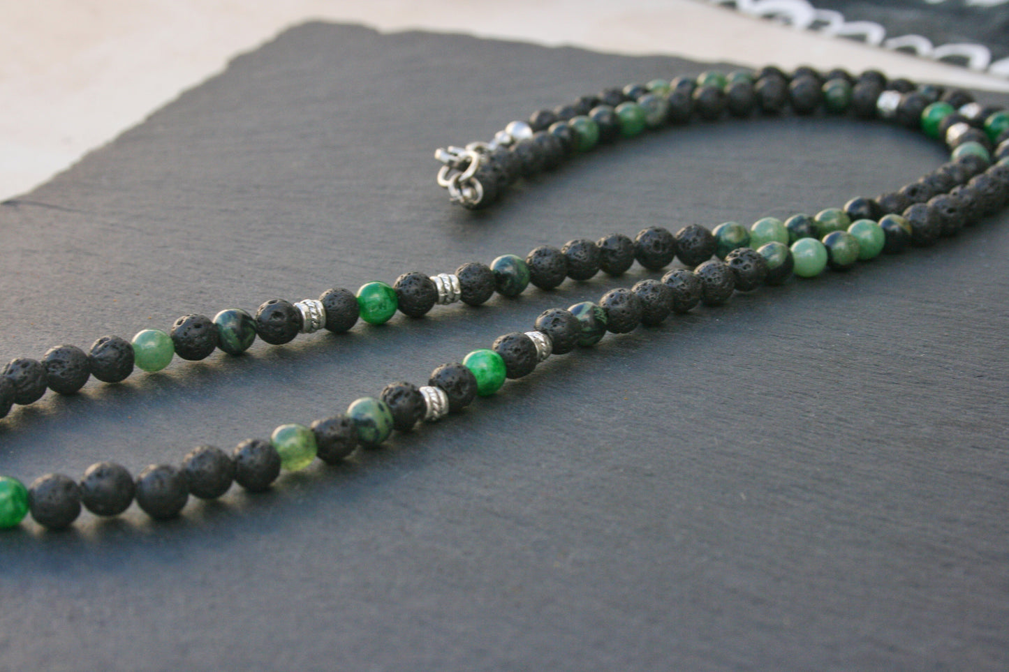 Green Jasper & Lava Stone Necklace for Men – Long Gemstone Beaded Necklace with Stainless Steel Clasp