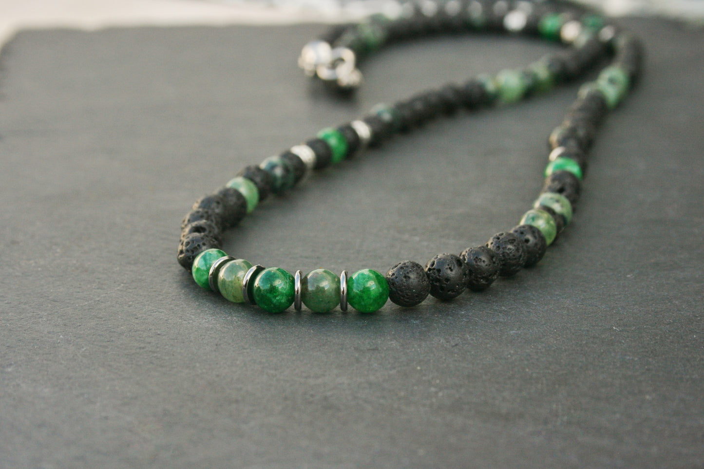 Green Jasper & Lava Stone Necklace for Men – Long Gemstone Beaded Necklace with Stainless Steel Clasp
