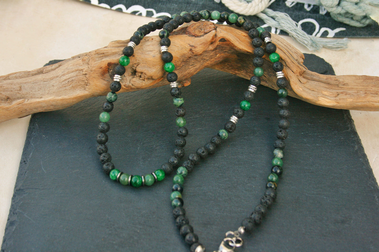 Green Jasper & Lava Stone Necklace for Men – Long Gemstone Beaded Necklace with Stainless Steel Clasp
