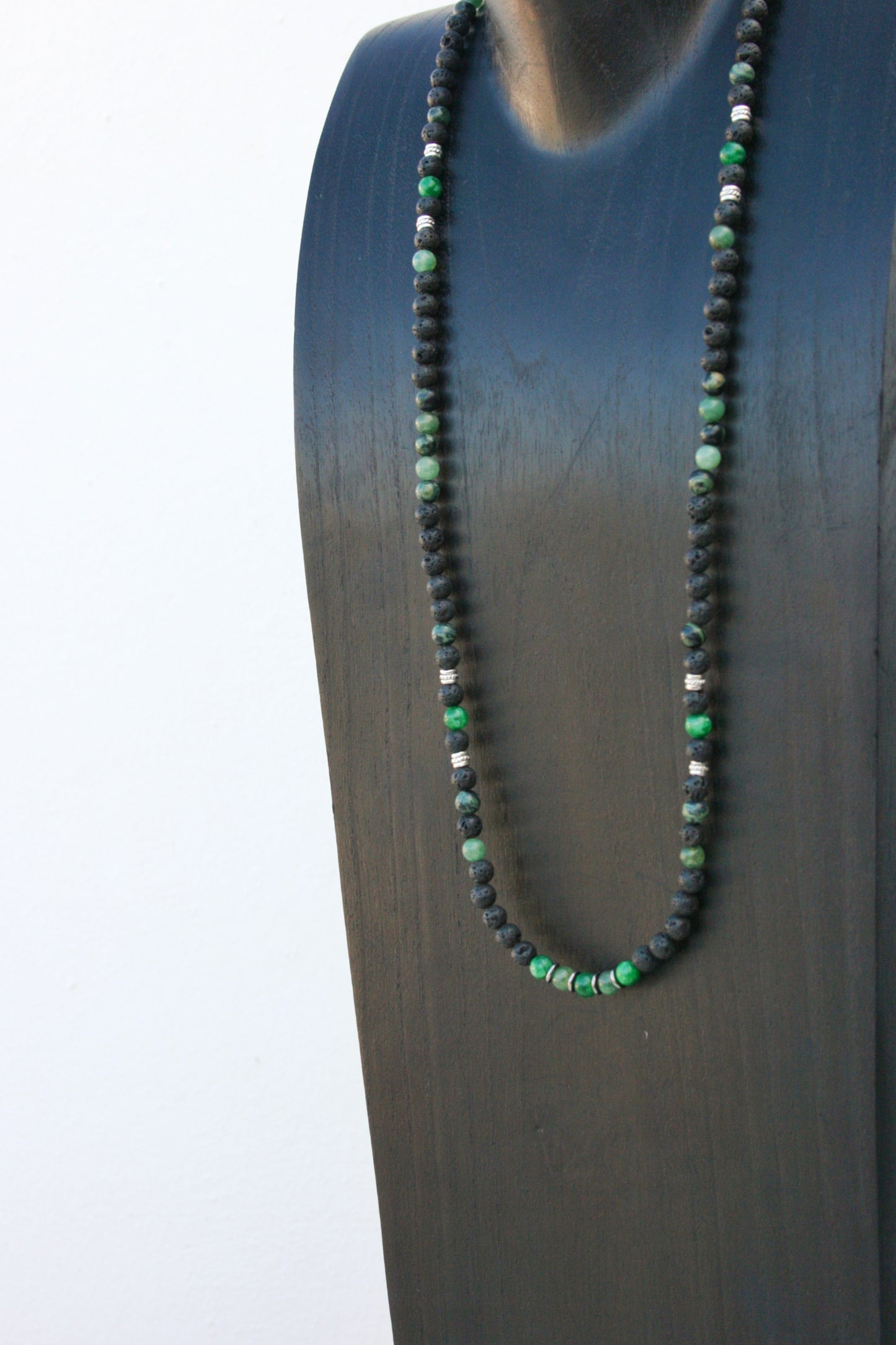 Green Jasper & Lava Stone Necklace for Men – Long Gemstone Beaded Necklace with Stainless Steel Clasp