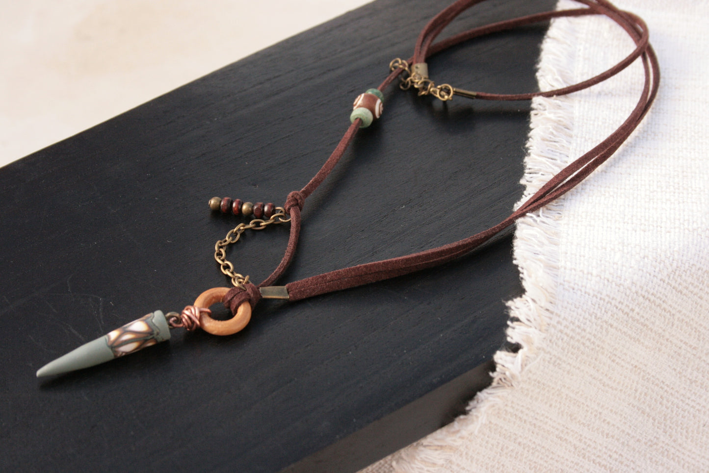 Men's Cone Necklace, Tribal Leather Choker, Bohemian Unisex Pendant