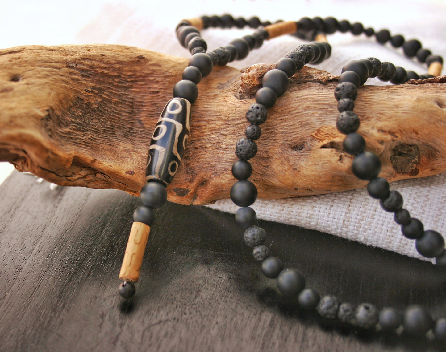 Long Tibetan Agate Necklace – Matte Black Agate, Lava Beads & Bamboo Boho Jewelry