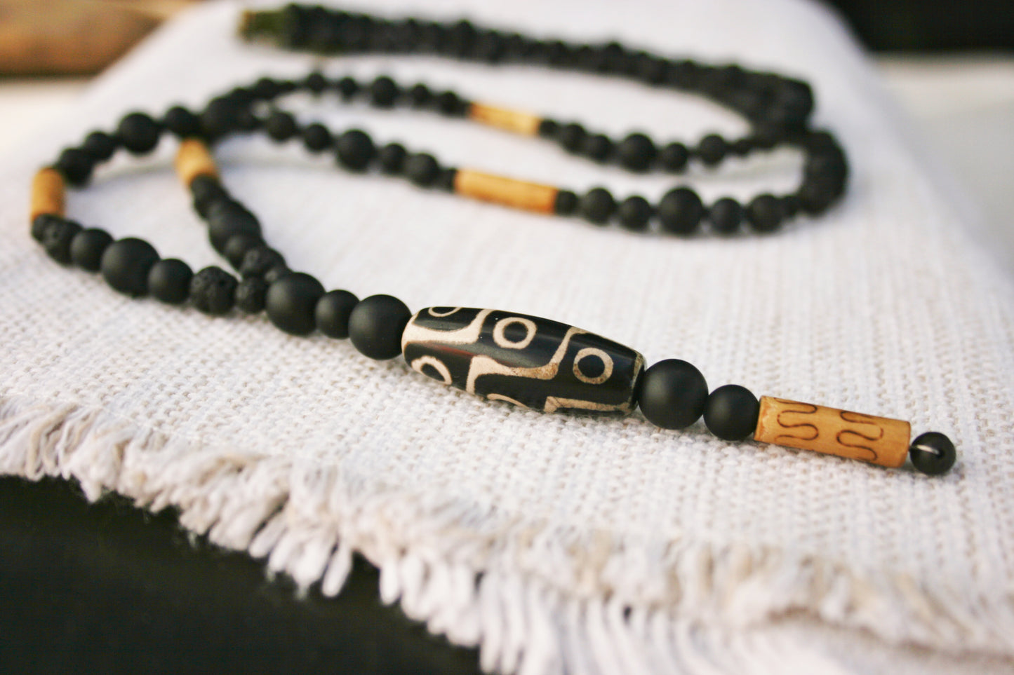 Long Tibetan Agate Necklace – Matte Black Agate, Lava Beads & Bamboo Boho Jewelry