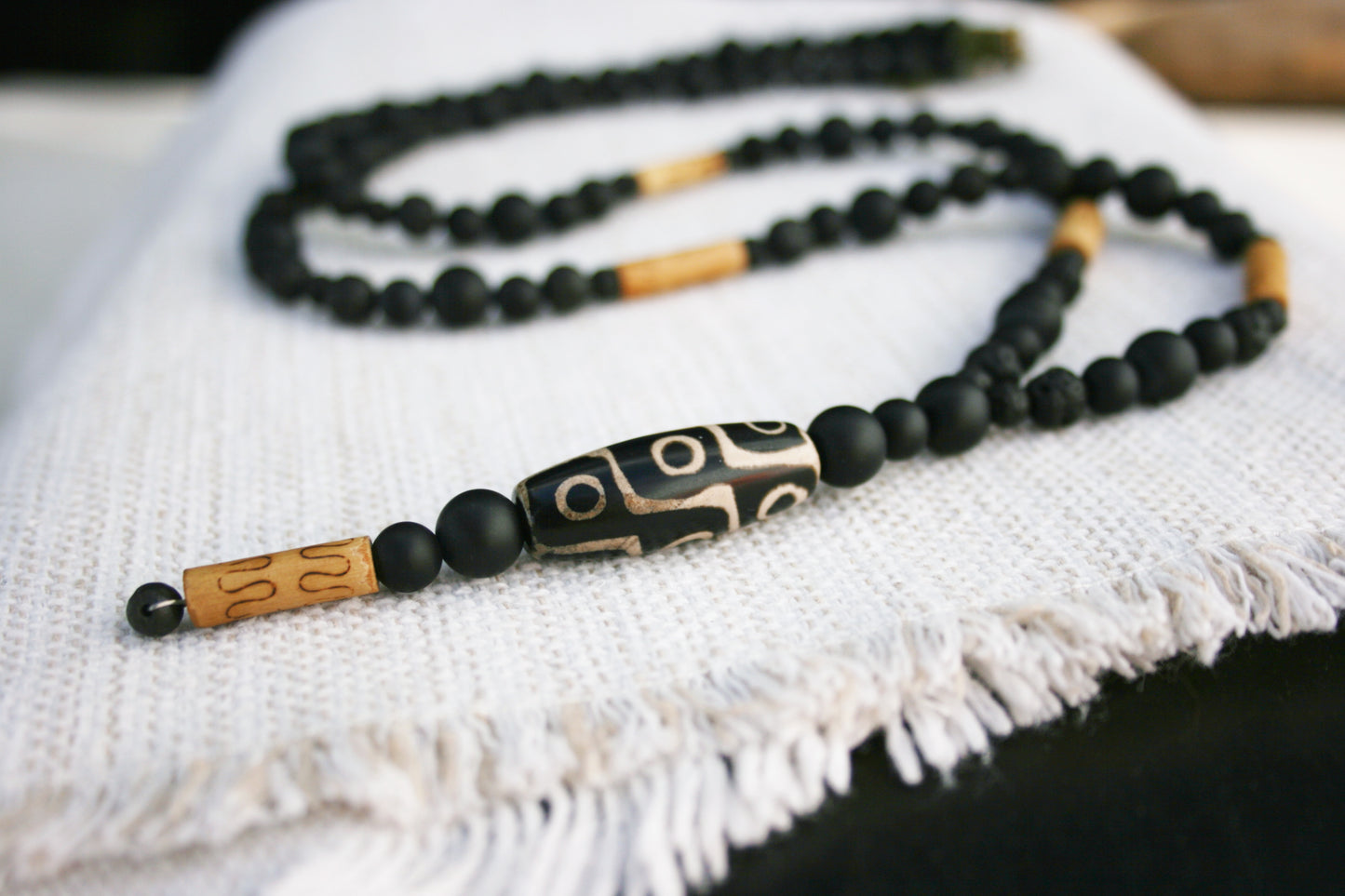 Long Tibetan Agate Necklace – Matte Black Agate, Lava Beads & Bamboo Boho Jewelry