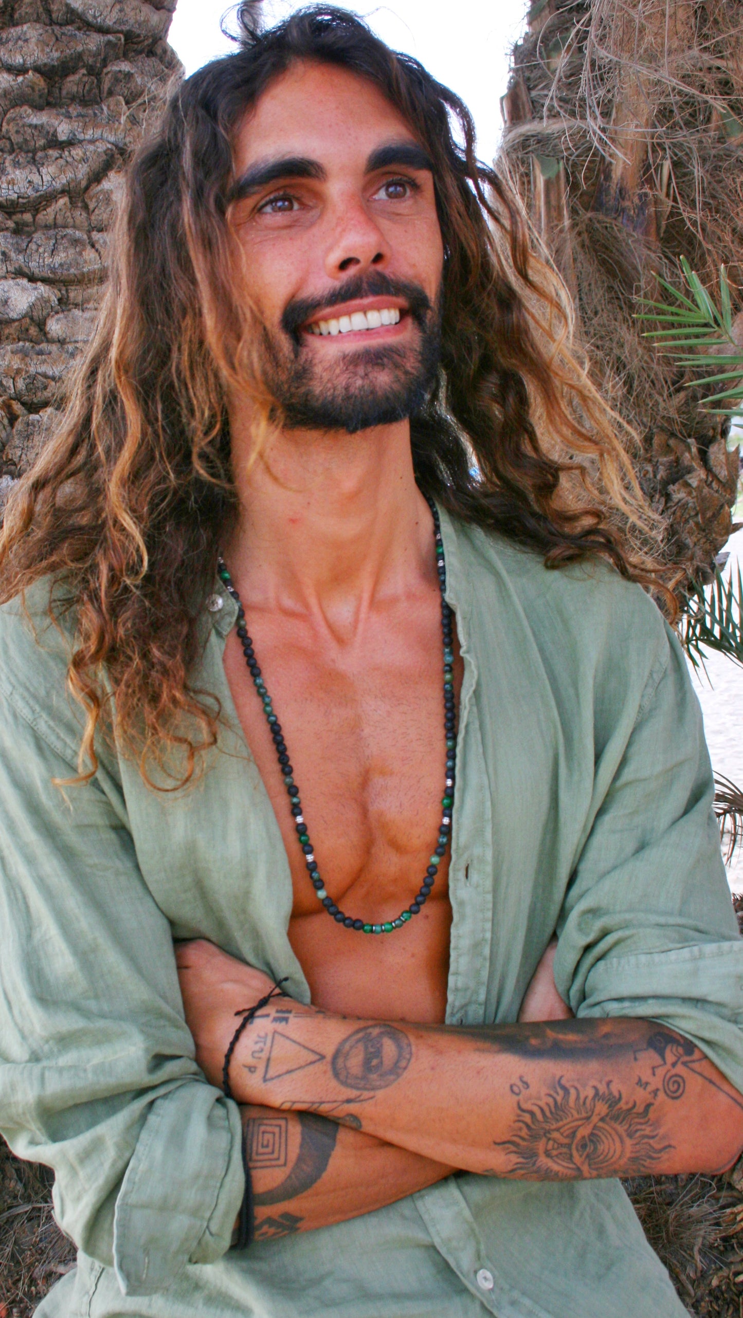 Green Jasper & Lava Stone Necklace for Men – Long Gemstone Beaded Necklace with Stainless Steel Clasp