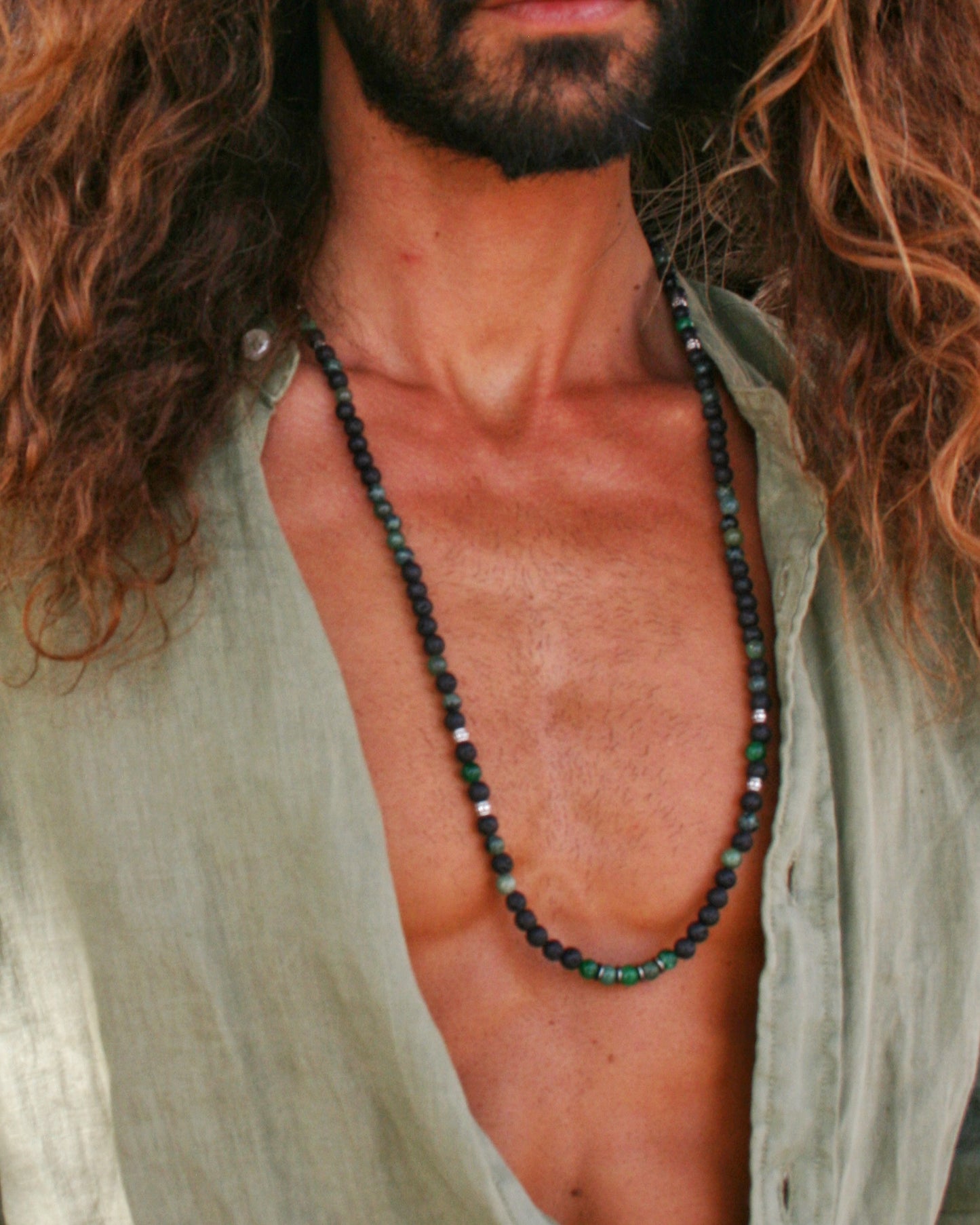Green Jasper & Lava Stone Necklace for Men – Long Gemstone Beaded Necklace with Stainless Steel Clasp