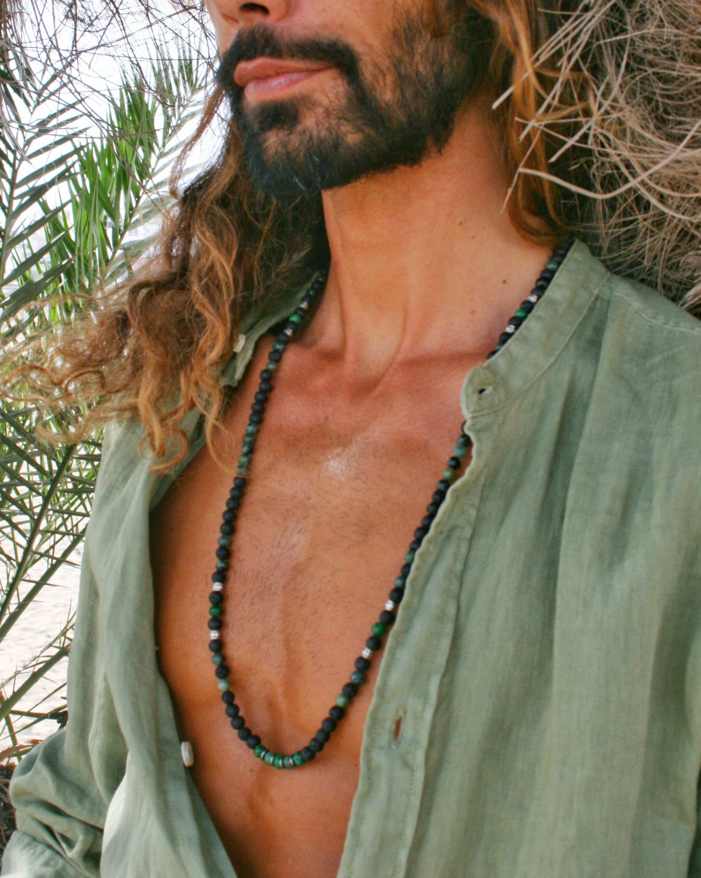Green Jasper & Lava Stone Necklace for Men – Long Gemstone Beaded Necklace with Stainless Steel Clasp