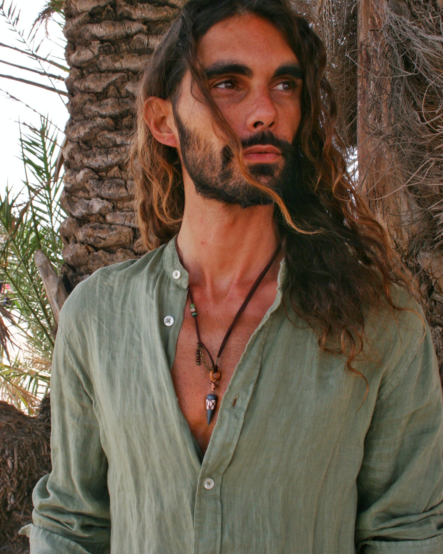 Men's Cone Necklace, Tribal Leather Choker, Bohemian Unisex Pendant