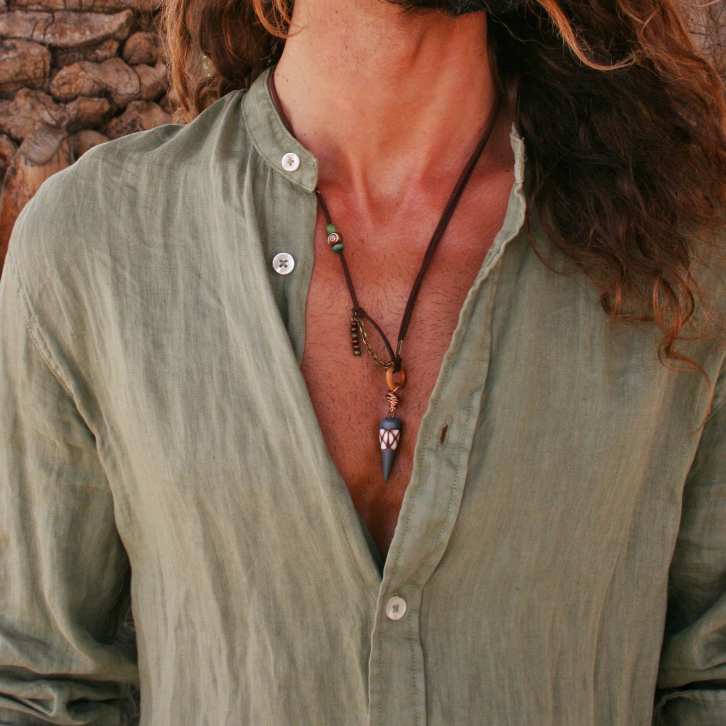 Men's Cone Necklace, Tribal Leather Choker, Bohemian Unisex Pendant