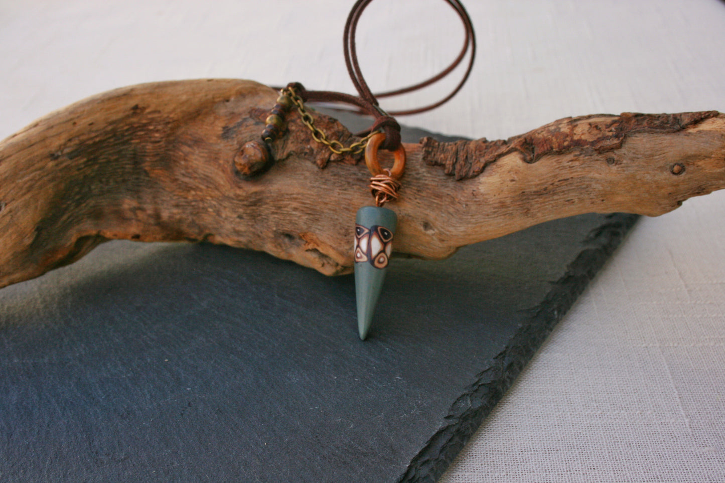 Men's Cone Necklace, Tribal Leather Choker, Bohemian Unisex Pendant