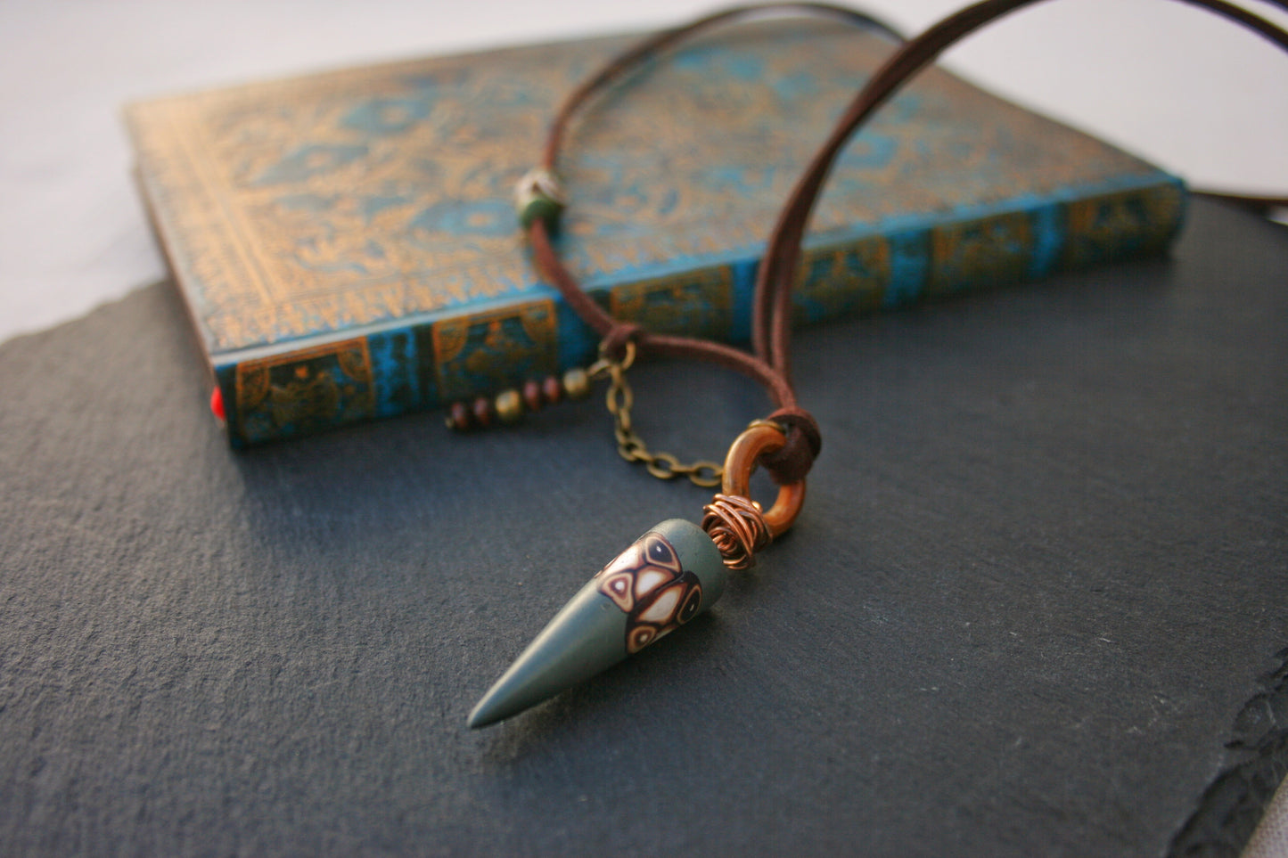 Men's Cone Necklace, Tribal Leather Choker, Bohemian Unisex Pendant