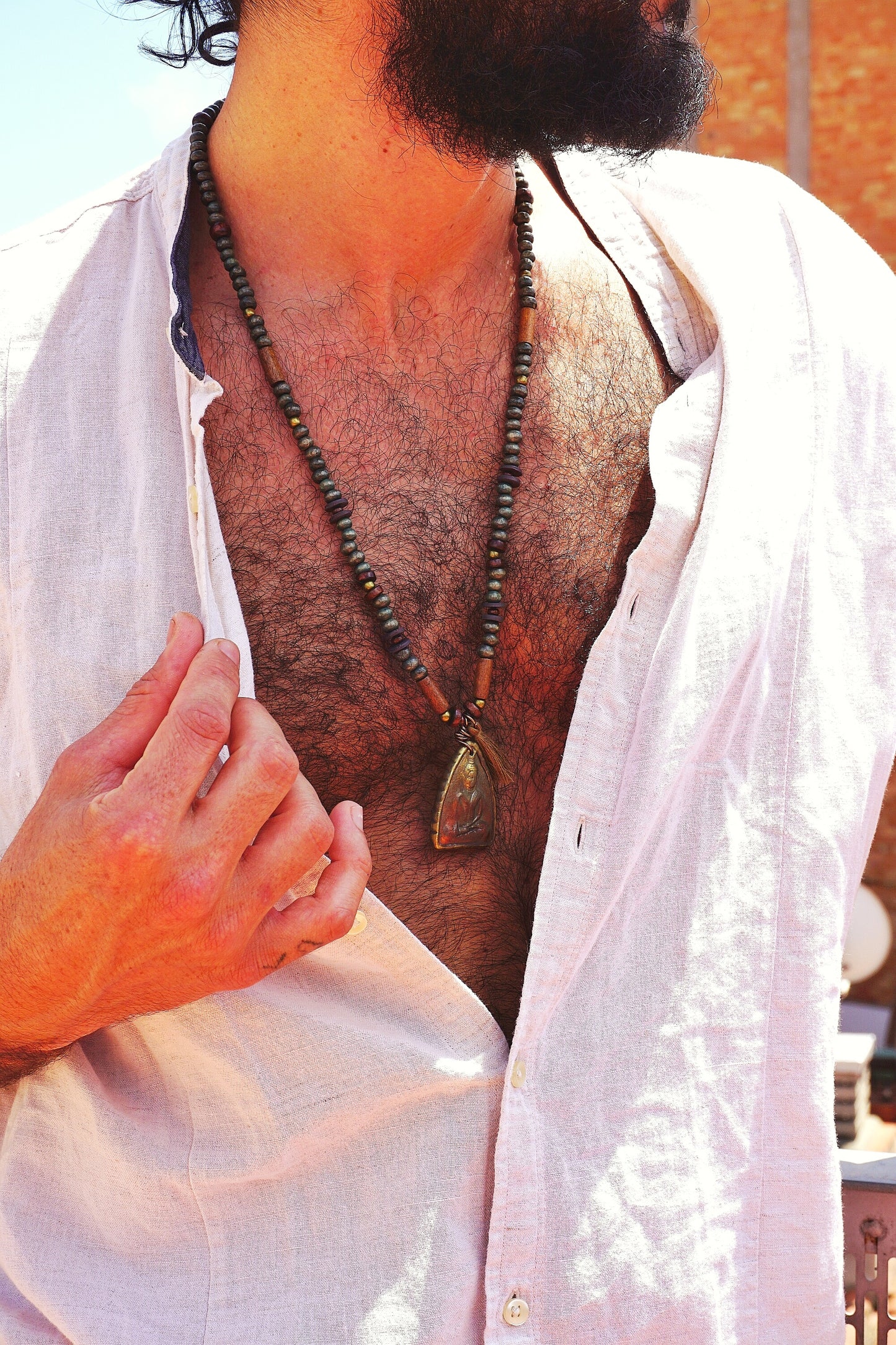 Men's Jasper Buddha Necklace: Tibetan Boho Beaded Pendant