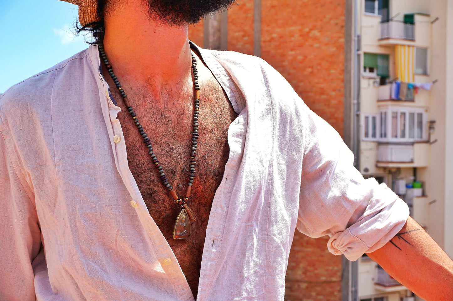 Men's Jasper Buddha Necklace: Tibetan Boho Beaded Pendant