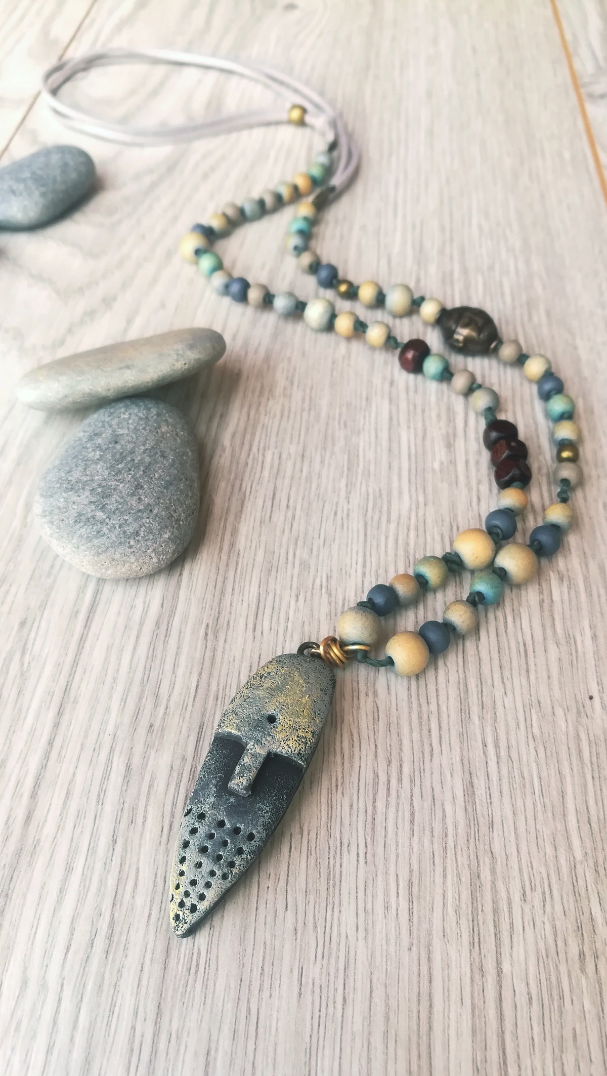 Long Beaded Men's Necklace with Rustic Mask Pendant – Boho Ethnic Jewelry
